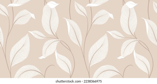 Luxury seamless pattern with striped leaves. Elegant floral background in minimalistic linear style. Trendy line art design element. Vector illustration.