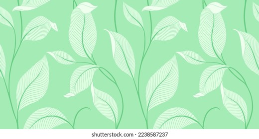 Luxury seamless pattern with striped leaves. Elegant floral background in minimalistic linear style. Trendy line art design element. Vector illustration.