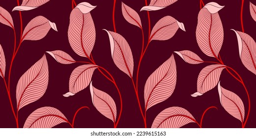 Luxury seamless pattern with striped leaves. Elegant floral background in minimalistic linear style. Trendy line art design element. Vector illustration.