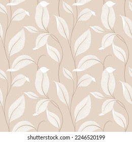 Luxury seamless pattern with striped leaves. Elegant floral background. Trendy line art design element. Vector illustration.