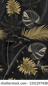 Luxury seamless pattern with tropical leaves on dark background