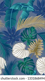 Luxury seamless pattern with tropical leaves on dark blue background