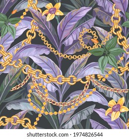 Luxury seamless pattern of tropical leaves and gold chains. 