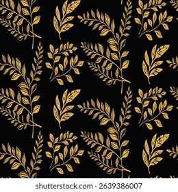 Luxury seamless pattern with various golden botanical leaves and branches on a black background. An elegant and rich design for high-end textiles and wallpaper. 