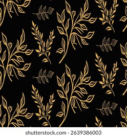 Luxury seamless pattern with various hand-drawn golden leaf vines on a black background. A delicate and elegant design for classic wallpaper, fabric, and invitations.