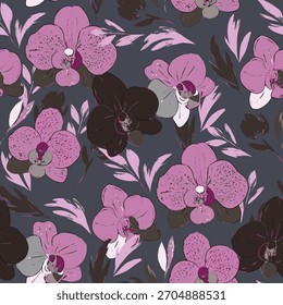 Luxury seamless pattern with vibrant pink and yellow tropical orchids on a smooth background. Perfect for textile print, fashion, wallpaper, and fabric design.
