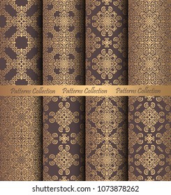 Luxury seamless patterns collection. Golden vintage design elements. Elegant weave ornament for wallpaper, fabric, paper, invitation print. Stylized damask vector background. Curvy floral motif.