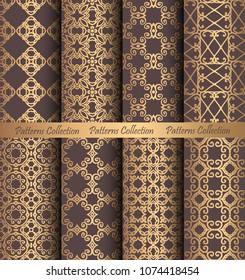 Luxury seamless patterns collection. Golden vintage design elements. Elegant weave ornament for wallpaper, fabric, paper, invitation print. Stylized damask vector background. Forged floral motif.