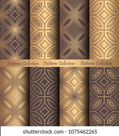 Luxury seamless patterns collection. Golden vintage design elements. Elegant weave ornament for wallpaper, fabric, paper, invitation print. Stylized damask vector background. Dots floral motif.