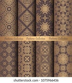 Luxury seamless patterns collection. Golden vintage design elements. Elegant weave ornament for wallpaper, fabric, paper, invitation print. Stylized damask vector background. Curvy floral motif.