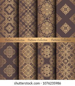 Luxury seamless patterns collection. Golden vintage design elements. Elegant weave ornament for wallpaper, fabric, paper, invitation print. Stylized damask vector background. Curvy floral motif.