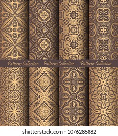 Luxury seamless patterns collection. Golden vintage design elements. Elegant weave ornament for wallpaper, fabric, paper, invitation print. Stylized damask vector background. Forged floral motif.