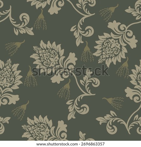 Luxury seamless patterns for textile and wallpaper. Collection includes ornate Damask Baroque scrolls on dark khaki and rich traditional Persian Indian rug motifs.