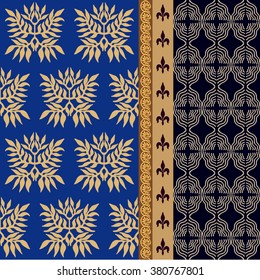 Luxury seamless silk damask wallpaper with golden leaves pattern. Floral motifs, baroque lilies, geometric print, scrolls, abstract classical borders. Vintage wallpaper collection. Blue and golden.