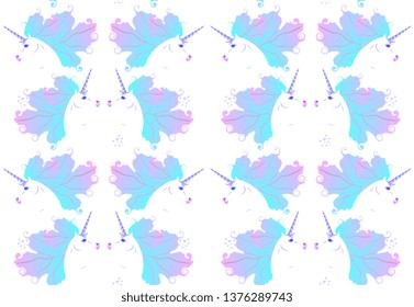 Luxury seamless symmetry pattern with cute white unicorns with light blue mane in shape of autumn leaves. Print for fabric.