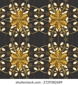 Padrão floral vetor sem emenda de luxo com simetria ornamental dourada no fundo escuro. Design decorativo elegante para papel de parede, tecido, papel de embrulho e impressões de superfície.