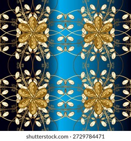 Padrão floral vetor sem emenda de luxo com simetria ornamental dourada em fundo azul profundo e preto. Design decorativo elegante para papel de parede, tecido, embalagem e impressões.