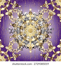 Luxuriöses, nahtloses Vektor-Mandala mit goldenen Blumenornamenten und Kristalldetails auf violettem Hintergrund. Elegante dekorative Muster für Tapete, Textil, Verpackung und Design.