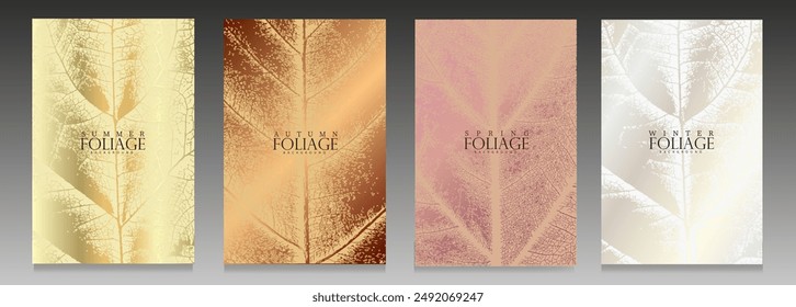 Luxury seasonal cover set. Leaf ribbing pattern, full screen, macro style, flat graphic outline. Elegant gold, copper, pink and platinum background.