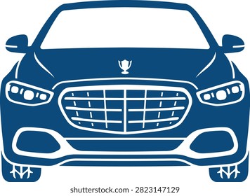 Luxury sedan front view graphic featuring emblem grille and headlights for automotive branding or vehicle presentation.
