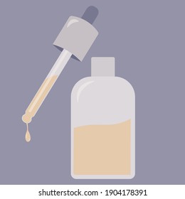 luxury Serum bottle and pipette with falling drop. Liquid argan oil  or hyaluronic acid for face, body and hair growth, skin care product vector illustration logo