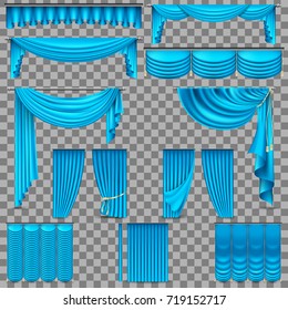 Luxury set of blue velvet silk curtains. Isolated on transparent background. And also includes EPS 10 vector