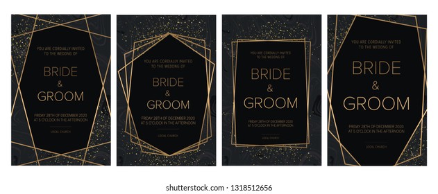 Luxury Set of elegant brochure, wedding card, background, cover. Black and golden marble texture. Golden Geometric frame. Trendy wedding invitation. All elements are isolated and editable.