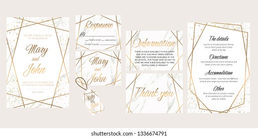 Luxury Set of elegant brochure, wedding invite, details, rsvp, thank you label save the date card. White marble texture and golden geometric frame.Trendy wedding invitation.All elements are isolated.