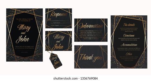 Luxury Set of elegant brochure,wedding card, details, rsvp, thank you label save the date card. Black and golden marble texture.Geometric frame.Trendy wedding invitation.All elements are isolated