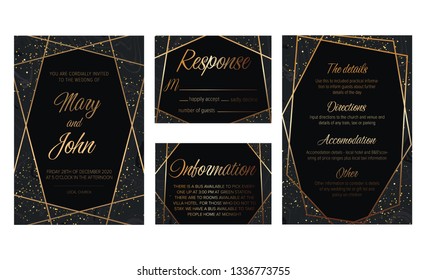 Luxury Set of elegant brochure,wedding card, details, rsvp, save the date card. Black and golden marble texture.Geometric frame.Trendy wedding invitation.All elements are isolated and editable.
