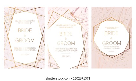 Luxury Set of elegant brochure,wedding invitation card, background, cover. Blush pink marble and glitter texture. Gold geometric frame.Trendy wedding invitation.All elements are isolated and editable.