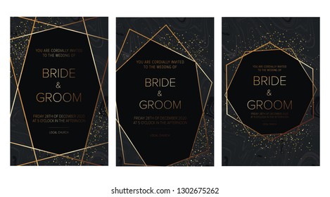 Luxury Set Of Elegant Brochure,wedding Invitation Card, Background, Cover. Black Marble And Glitter Texture. Gold Geometric Frame.Trendy Wedding Invitation.All Elements Are Isolated And Editable.