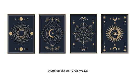 Conjunto de lujo de cartas esotéricas de tarot con sol, luna, estrellas y arte geométrico de geometría sagrada.