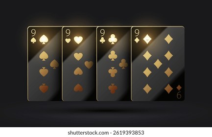 Luxury set of glossy black and gold playing cards with shiny golden symbols and elegant design on dark background. Perfect for casino, poker, gambling, and VIP game concepts