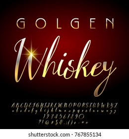 Luxury set of golden Alphabet Letters, Numbers and Punctuation Symbols. Vector label with text Golden Whiskey.