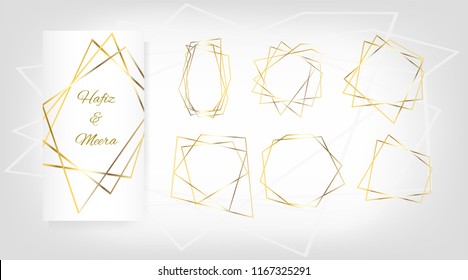 Luxury Set of Golden Frames, Elegant Wedding Invitation. Vector Border Collection for Birthday, New Year, Christmas Card. Geometric Premium Gold Glitter Background, Wedding Cards. Polygon Borders Set