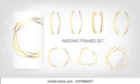 Luxury Set of Golden Frames, Elegant Wedding Invitation. Vector Border Collection for Birthday, New Year, Christmas Card. Glitter Gradient Rich Gold Background, Sale, Wedding Card. Polygon Borders Set
