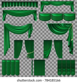 Luxury set of green velvet silk curtains. Isolated on transparent background. And also includes EPS 10 vector