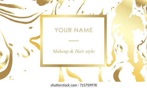 Luxury set Makeup artist and hair stylist business cards vector template, banner and cover with gold marble texture and golden foil details on white background. Branding and identity graphic design.