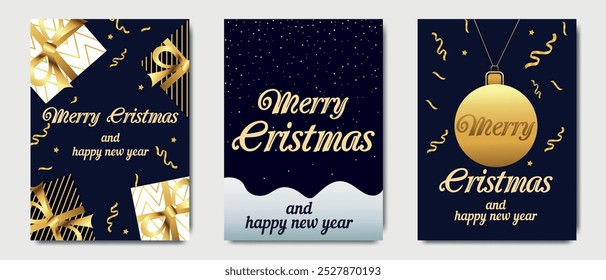 Luxury set of Merry Christmas and New Year greeting cards with gold accents, wrapped presents, and festive confetti