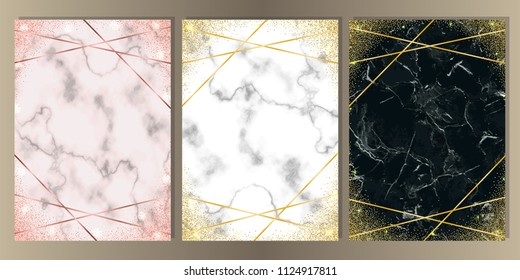 Luxury set on pink, white, black marble background. Gold glitter frames with geometric lines. A4 Templates with text place for greetind cards, gift prints and covers.