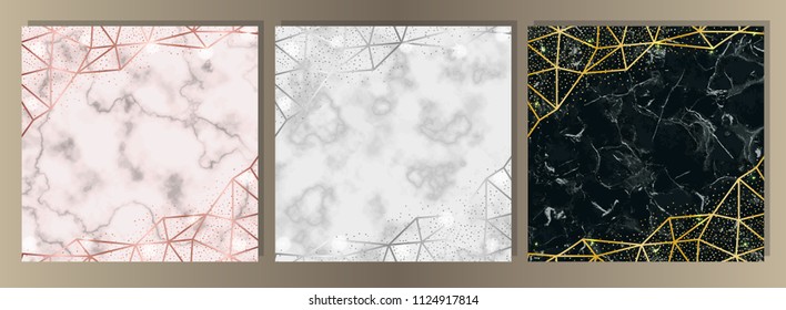 Luxury set on pink, white, black marble background with gold, pink and silver frames from geometric elements and glitter. Square templates with text place for greetind cards, gift prints and covers.