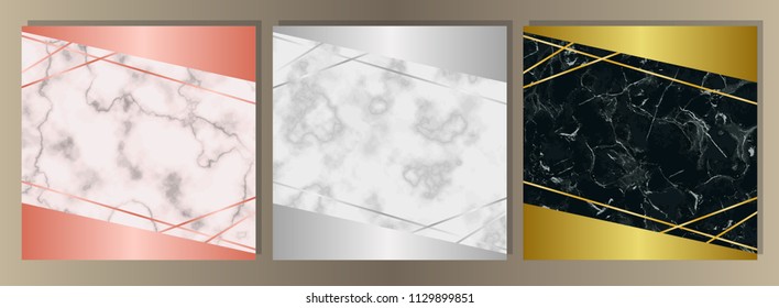 Luxury set on pink, white, black marble background with gold, pink gold and silver frames and elements. Square templates with text place for greetind cards, gift prints and covers.