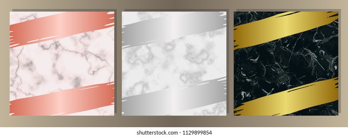 Luxury set on pink, white, black marble background with gold, pink gold and silver frames and elements. Square templates with text place for greetind cards, gift prints and covers.