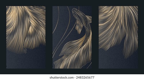 Luxury set of posters with koi fish and hand drawn art line pattern in gold color. Vector set for cover design, packaging, print, wallpaper, decor, interior, textile, invitations.