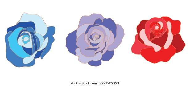 Luxury set of rose flower vector element. Collection of colorful rose, blue, purple, red, pink with line gold. Watercolor rose floral illustration design for logo, wedding, invitation, decor, print.