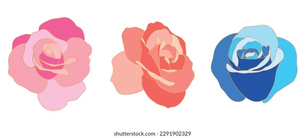Luxury set of rose flower vector element. Collection of colorful rose, blue, orange, pink with line gold. Watercolor rose floral illustration design for logo, wedding, invitation, decor, print.