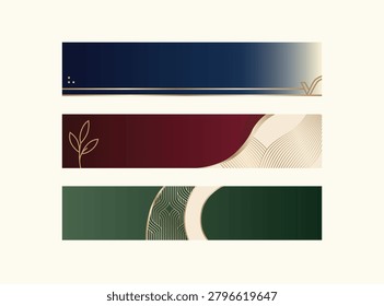 Luxury set of three elegant horizontal banners lower third. Designed in sophisticated navy blue, deep burgundy, and dark green hues