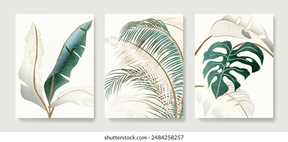 Lujoso conjunto de carteles de hojas tropicales en blanco y verde con Elementos de línea dorada. Fondo de arte botánico para diseño de cubiertas, impresión, Fondo de pantalla, embalaje, textil, interior.