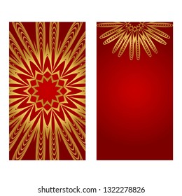 Luxury Set of two template brochures, cards, invitations, flyers with delicate floral pattern. Vector background. Card or invitation. Islam, arabic, indian, ottoman motifs. red and gold color.